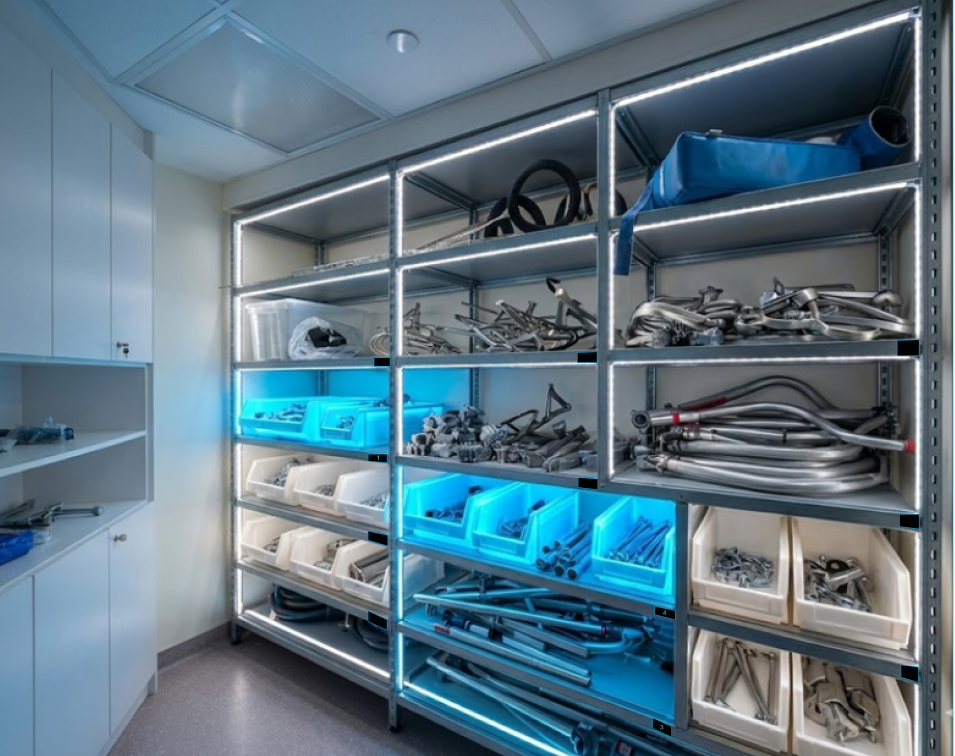 Smart Shelving — RFID-enabled storage bins with blue LED indicators